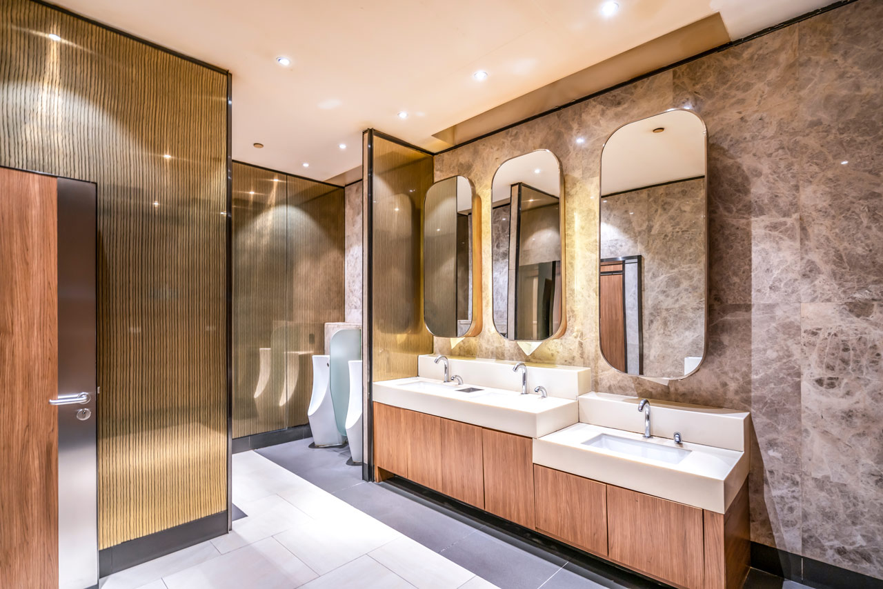 Contemporary Bathroom showing bathroom fixtures and three vanity mirror